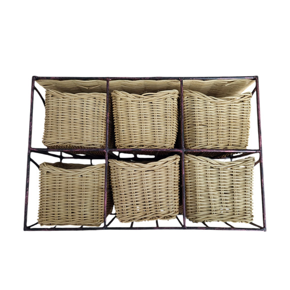 6 Wicker Storage Baskets with Metal Rack Organizer Shelf Rustic Farmhouse Decor - Picture 1 of 7